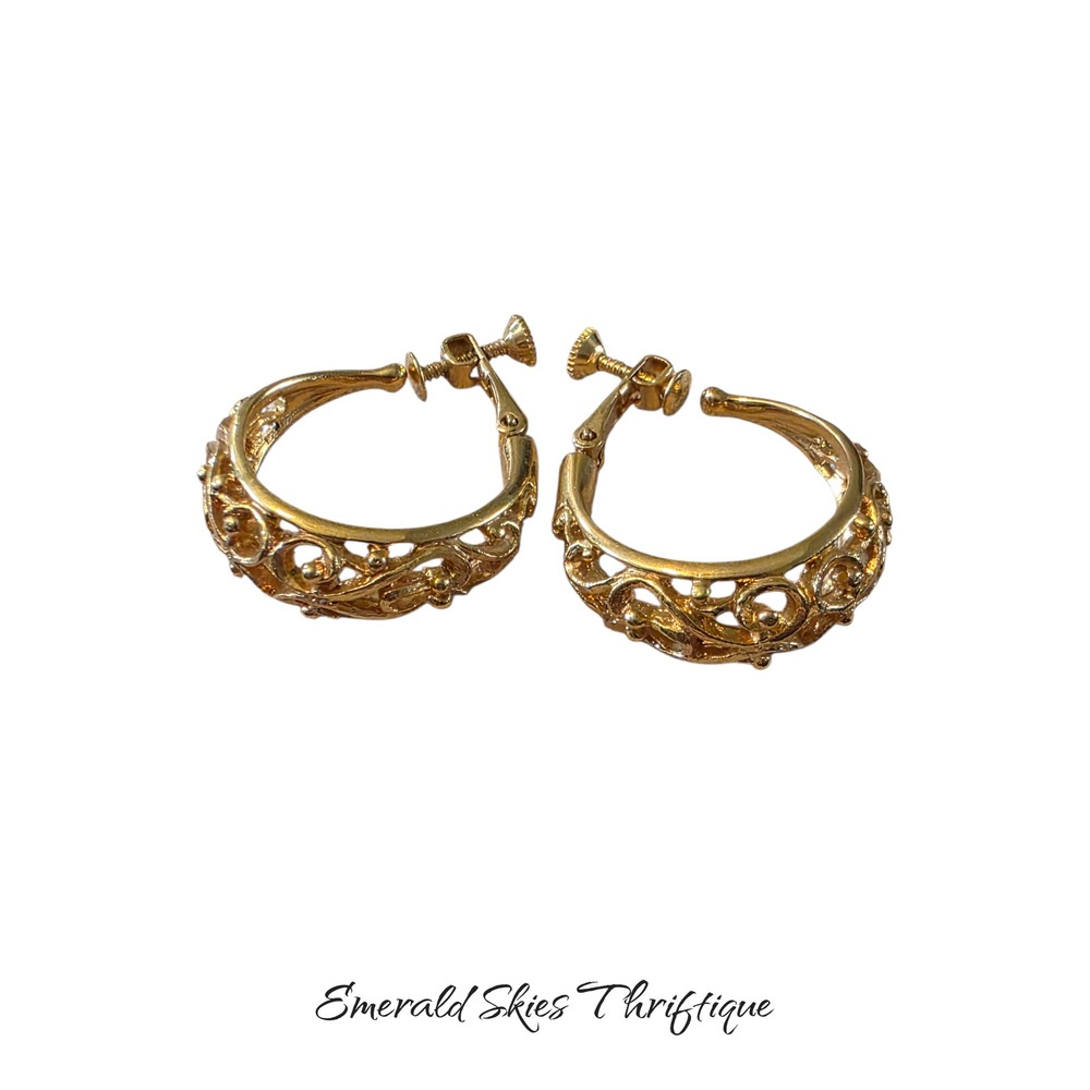 Vintage Napier screw back filagree scroll gold tone hoop earrings free shipping